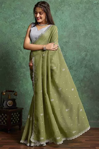 olive floral embroidered embellished pure chiffon saree