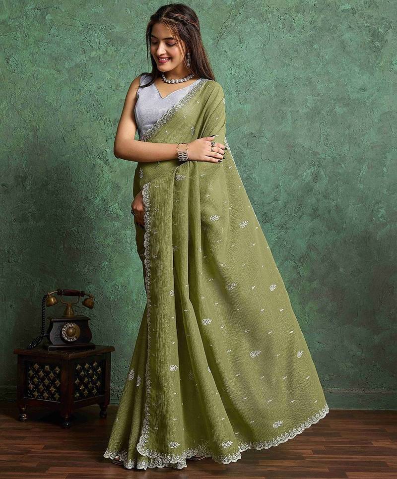 olive floral embroidered embellished pure chiffon saree