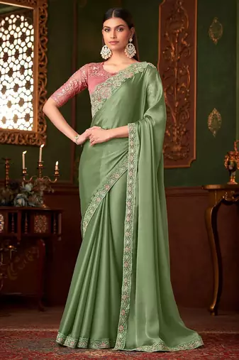 green embellished sequinned saree