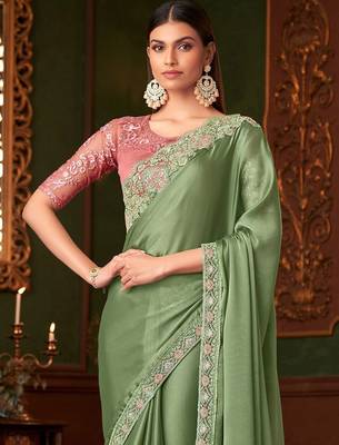 green embellished sequinned saree 2