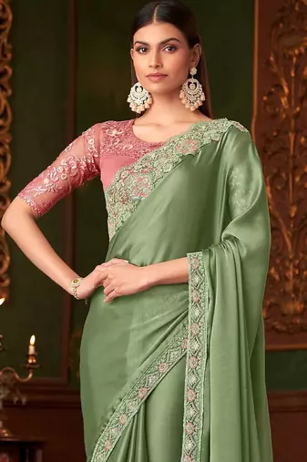 green embellished sequinned saree