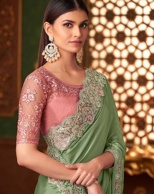 green embellished sequinned saree 3