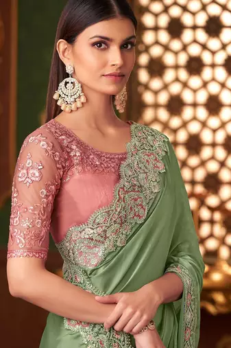 green embellished sequinned saree