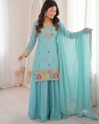 Sky blue embroidered kurta with sharara & dupatta set 3
