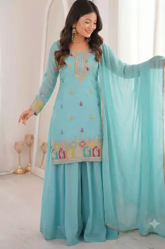 Sky blue embroidered kurta with sharara & dupatta set