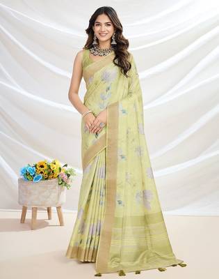 yellow ethnic motifs printed zari tussar saree 1