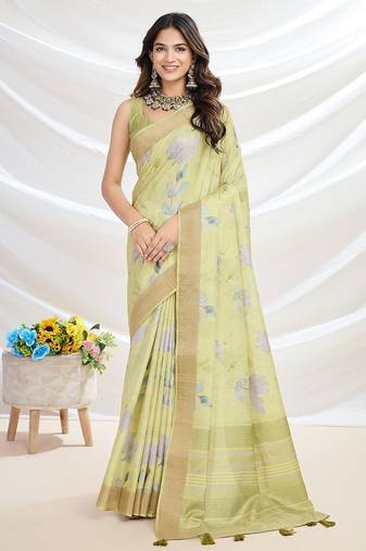 yellow ethnic motifs printed zari tussar saree