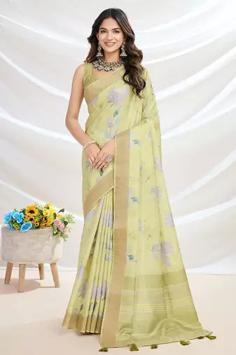 yellow ethnic motifs printed zari tussar saree
