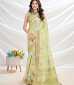 yellow ethnic motifs printed zari tussar saree