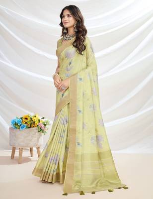 yellow ethnic motifs printed zari tussar saree 2