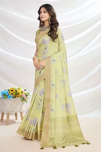 yellow ethnic motifs printed zari tussar saree