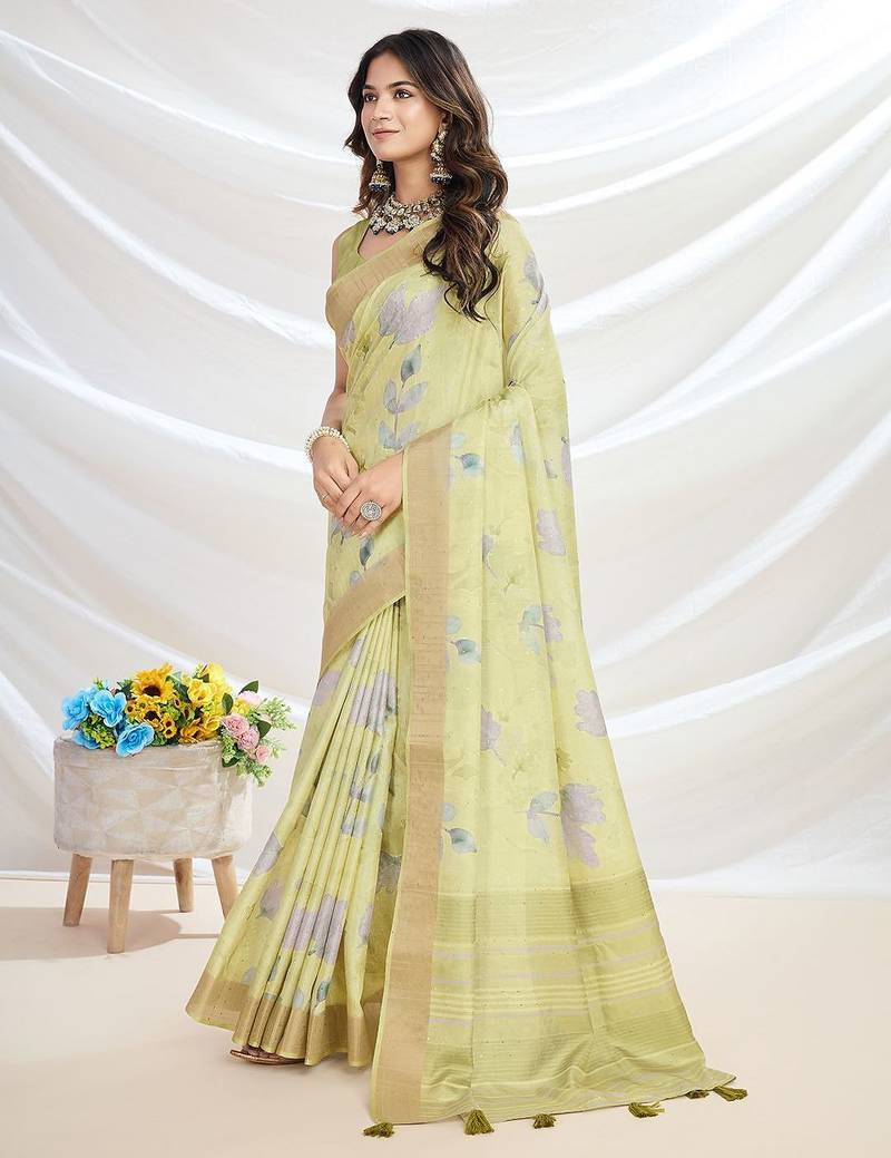 yellow ethnic motifs printed zari tussar saree