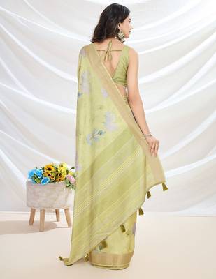 yellow ethnic motifs printed zari tussar saree 3