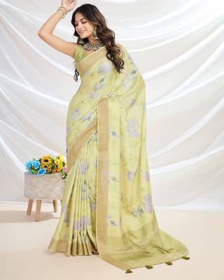 yellow ethnic motifs printed zari tussar saree 4