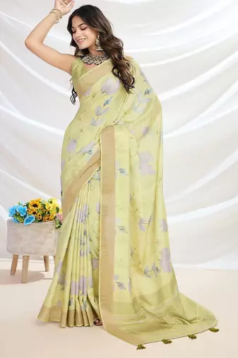 yellow ethnic motifs printed zari tussar saree