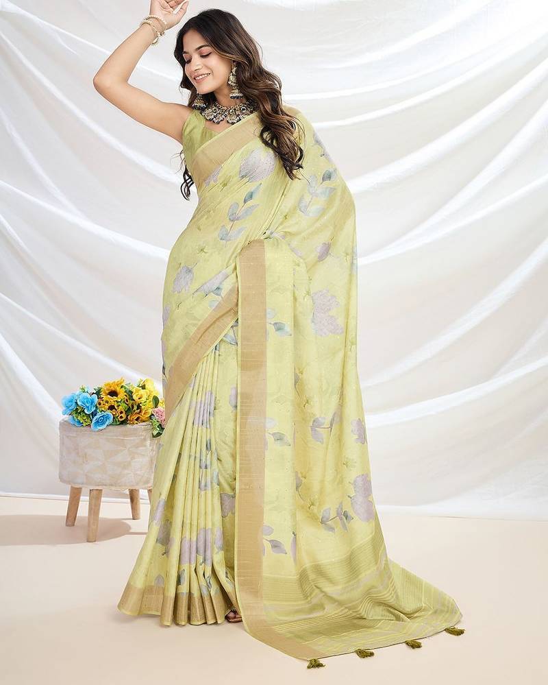 yellow ethnic motifs printed zari tussar saree