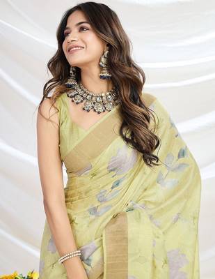 yellow ethnic motifs printed zari tussar saree 5