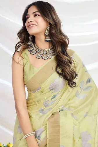 yellow ethnic motifs printed zari tussar saree
