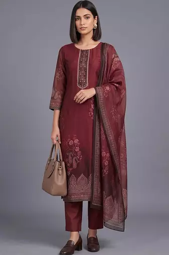 women ethnic motifs printed regular thread work chanderi silk kurta with trousers & with dupatta