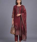 women ethnic motifs printed regular thread work chanderi silk kurta with trousers & with dupatta