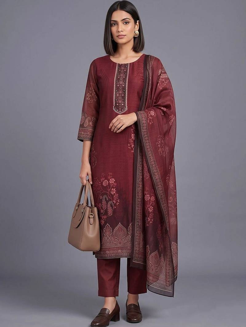 women ethnic motifs printed regular thread work chanderi silk kurta with trousers & with dupatta