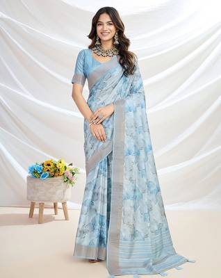 blue floral printed zari tussar saree with tassels 1