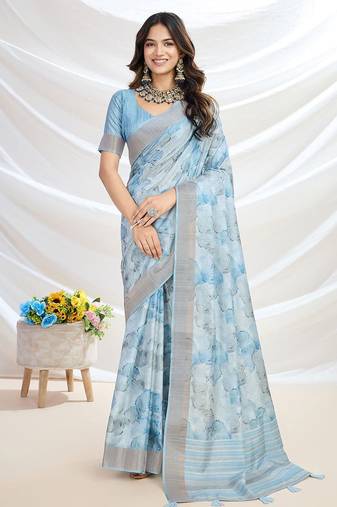 blue floral printed zari tussar saree with tassels