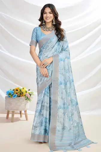blue floral printed zari tussar saree with tassels