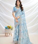 blue floral printed zari tussar saree with tassels