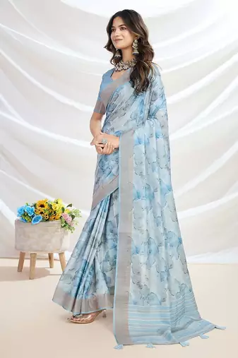 blue floral printed zari tussar saree with tassels