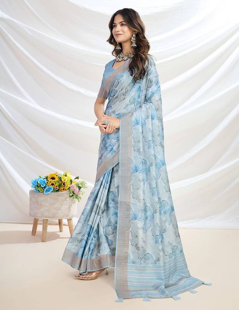 blue floral printed zari tussar saree with tassels