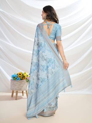 blue floral printed zari tussar saree with tassels 3