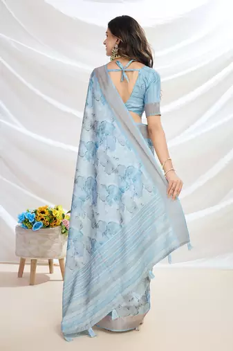 blue floral printed zari tussar saree with tassels