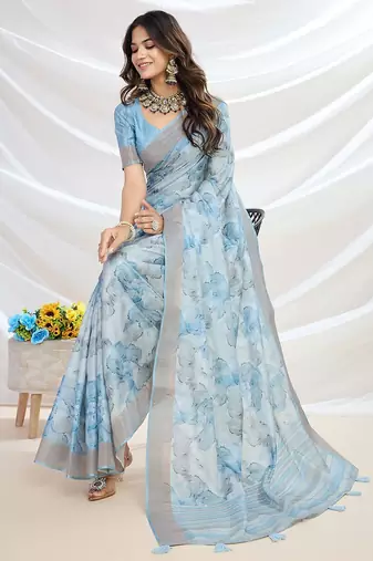 blue floral printed zari tussar saree with tassels