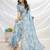 blue floral printed zari tussar saree with tassels