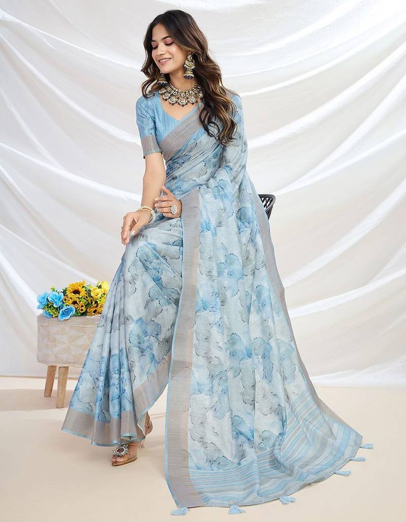 blue floral printed zari tussar saree with tassels