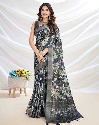 black floral printed tussar saree with blouse piece 1