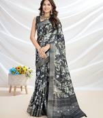 black floral printed tussar saree with blouse piece