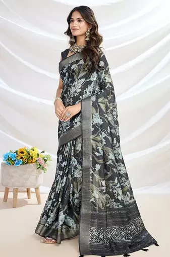 black floral printed tussar saree with blouse piece