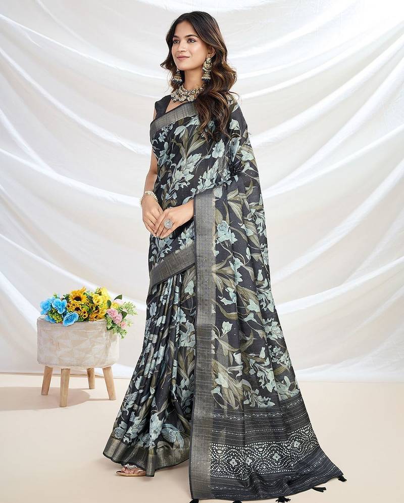 black floral printed tussar saree with blouse piece