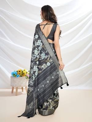 black floral printed tussar saree with blouse piece 3