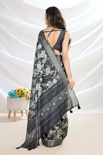 black floral printed tussar saree with blouse piece