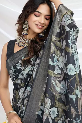 black floral printed tussar saree with blouse piece