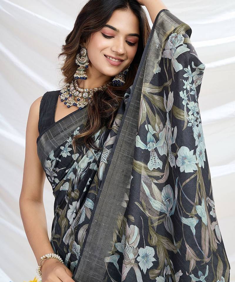 black floral printed tussar saree with blouse piece