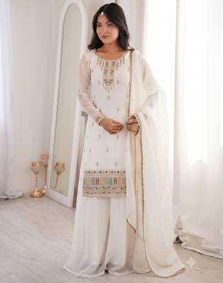 White embroidered kurta with sharara & dupatta set 1