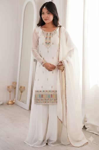 White embroidered kurta with sharara & dupatta set