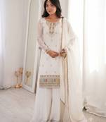 White embroidered kurta with sharara & dupatta set