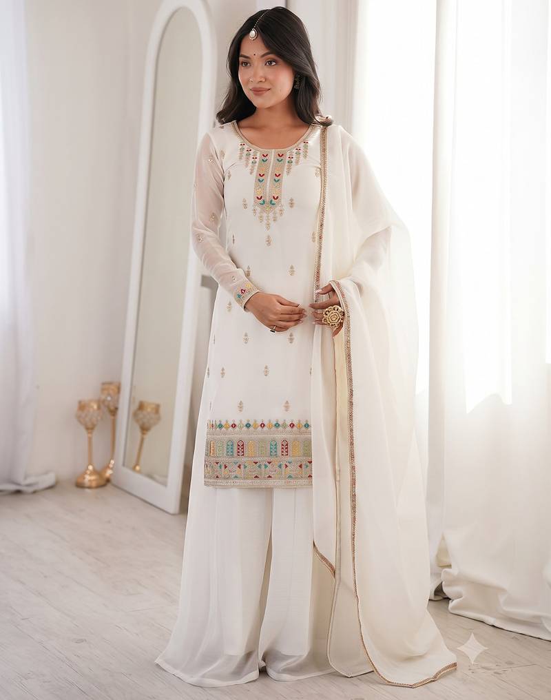 White embroidered kurta with sharara & dupatta set