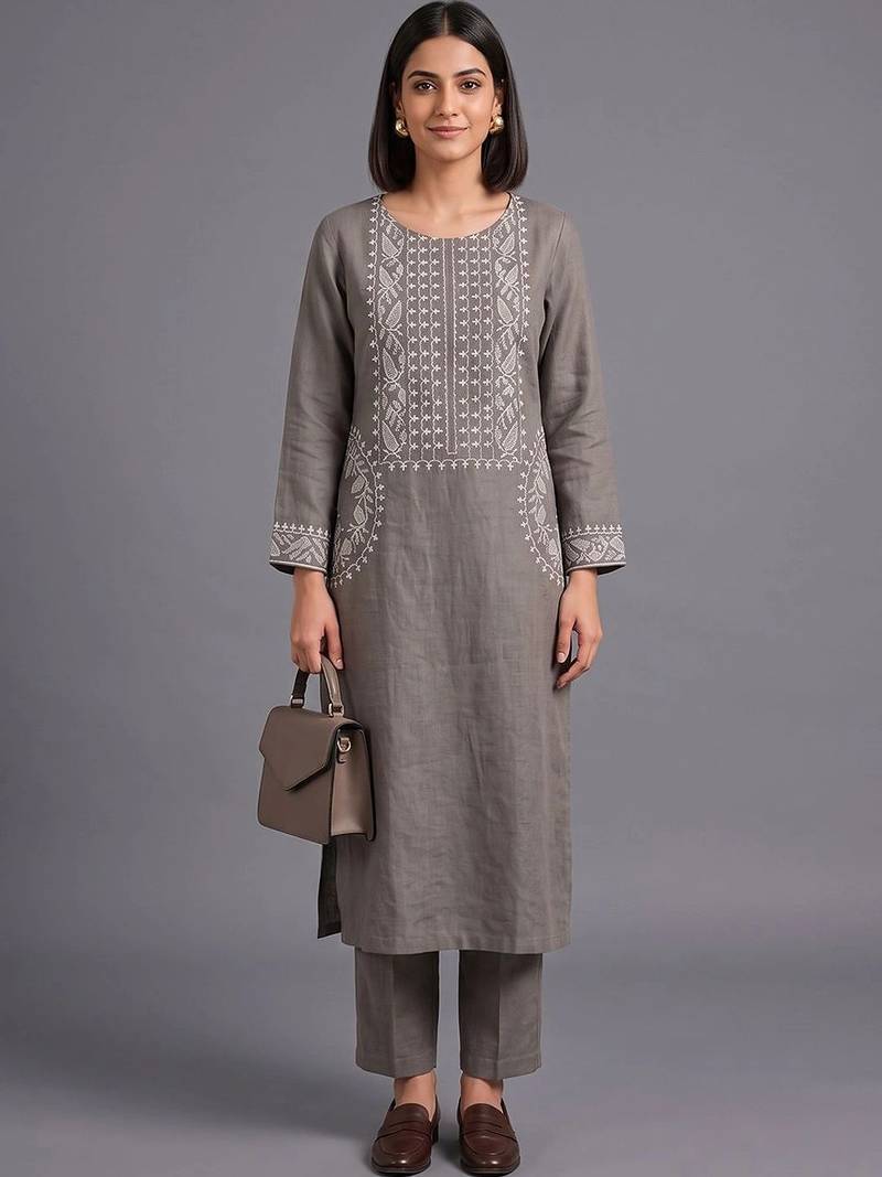 women ethnic motifs embroidered regular thread work kurta with trousers
