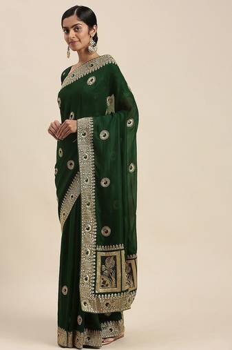 green green vichitra ethnic motifs embroidered silk blend saree